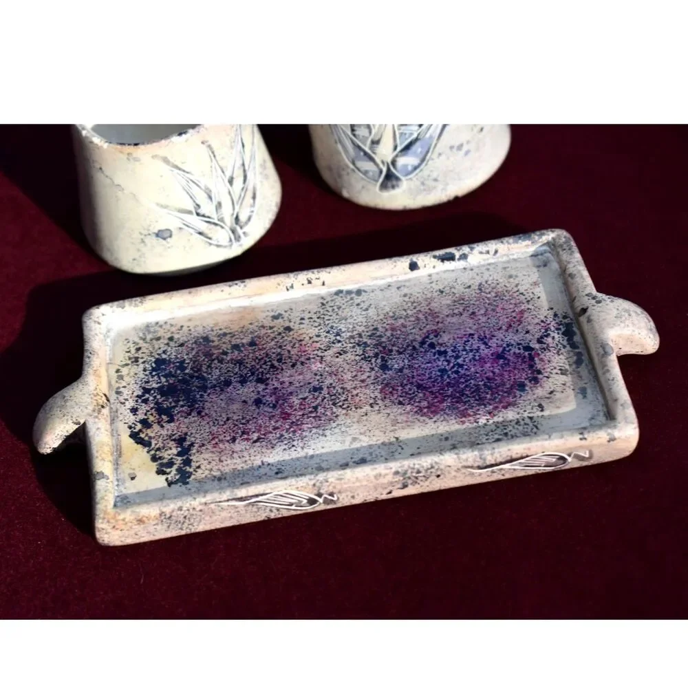 Artisan Stoneware Cream Sugar Tray Set 3 Piece Blue Speckled Wheat Design